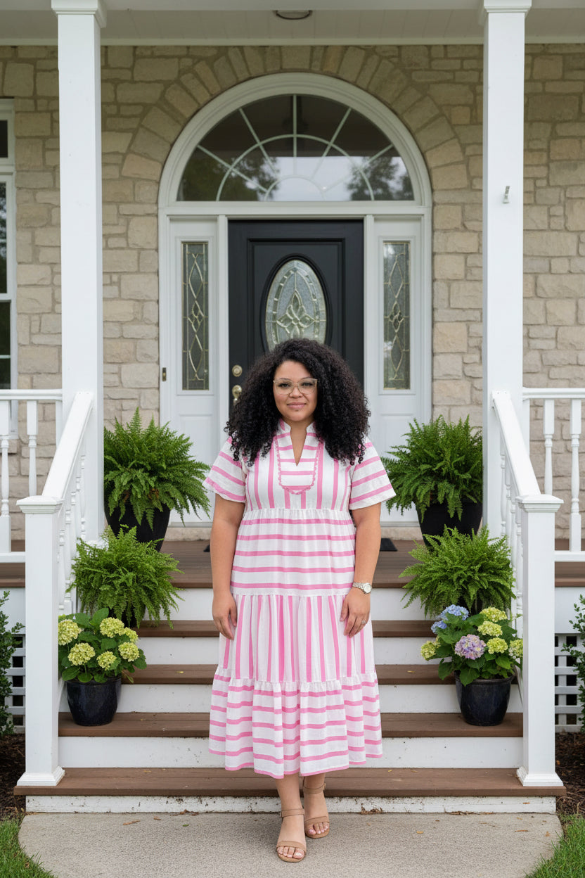 Pink Stripe Plus Size V Neck Short Puff Sleeve Tiered Maxi Dress