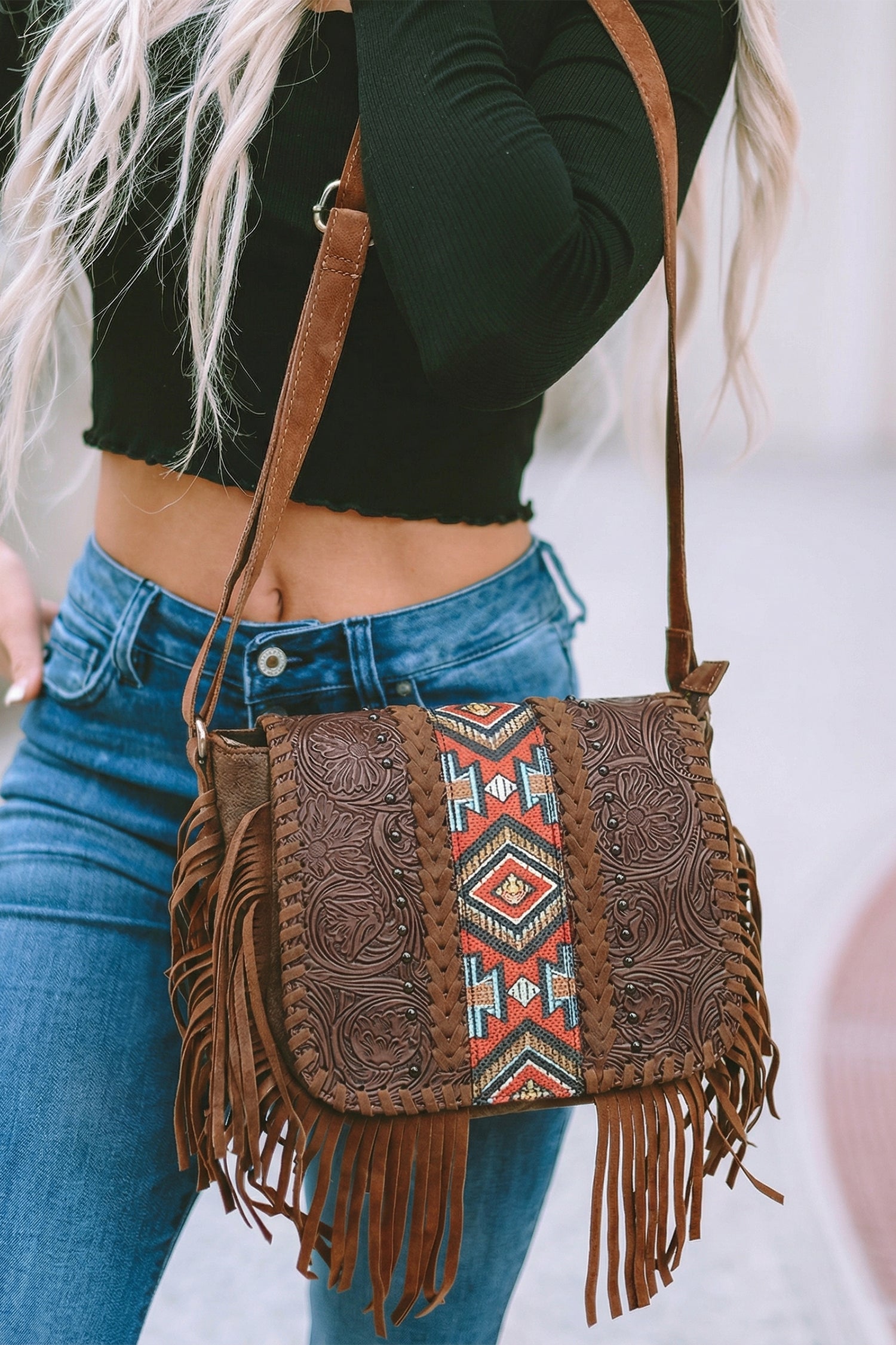 Coffee Western Aztec Bohemian Tassel PU Leather Bag